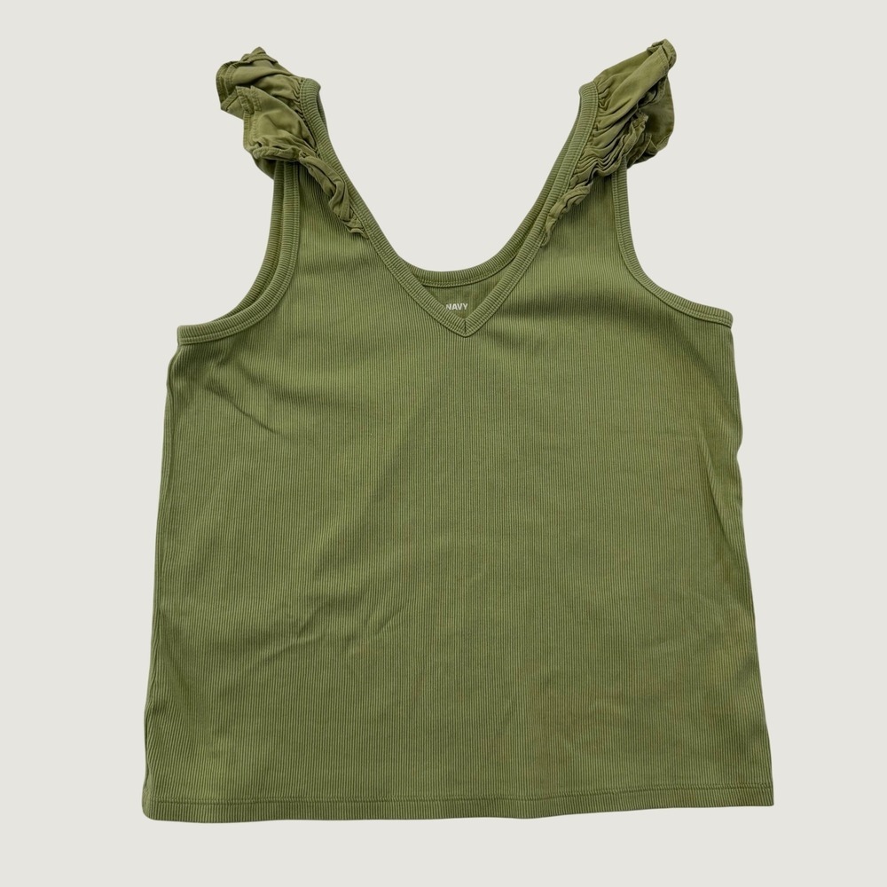 Old Navy Tank Top Womens XL Green Ribbed V Neck Ruffle Strap Sleeveless Stretch
